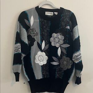 Vintage Floral Beaded Sweater 80s Retro Funky Embellished Lace Metallic Ramie M